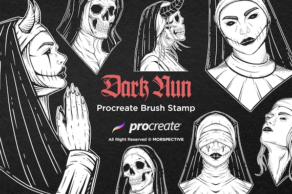 15 Dark Nun Prayer Girl Skull Horror Ghost Demon Tattoo Dark Artworks | Tattoo Stamps | Procreate Brush Stamp | Brushes Digital iPad