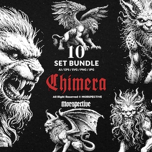 10 Bundle Dark Art Chimera Lion Head Mystical Monster Beast Tattoo Clipart Digital File Vector Ai / Eps / Svg / Png illustration
