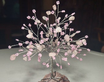 French Beaded Pink Blossom Tree with Rose Quartz Chips on Jasper