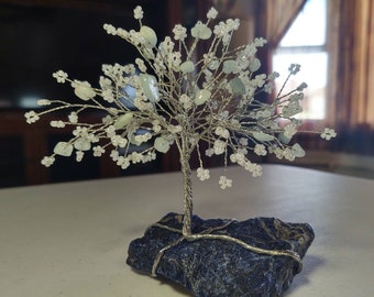 French Beaded White Blossom Tree with Aquamarine gem chips on Sodalite