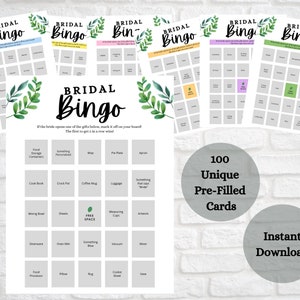 Brautparty-Bingo: Set mit 100 vorgefüllten Karten, mehrere Farboptionen, vielseitiges grünes Design