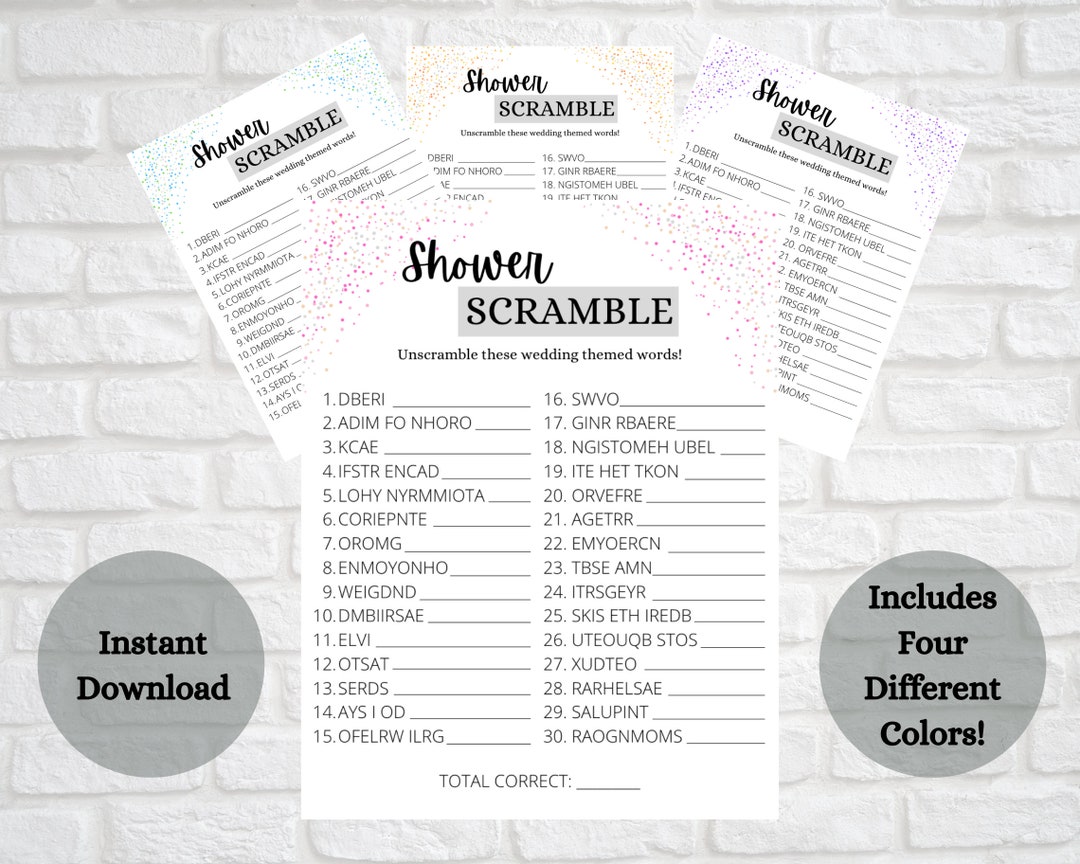Word Unscramble Bridal Shower Game Confetti Themed Instant Download ...