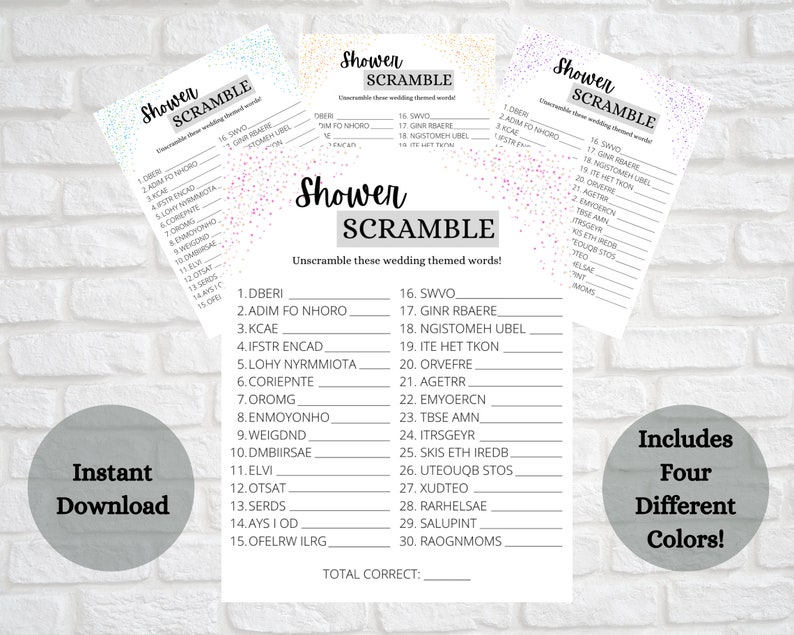 Word Unscramble Bridal Shower Game Confetti Themed Instant Etsy