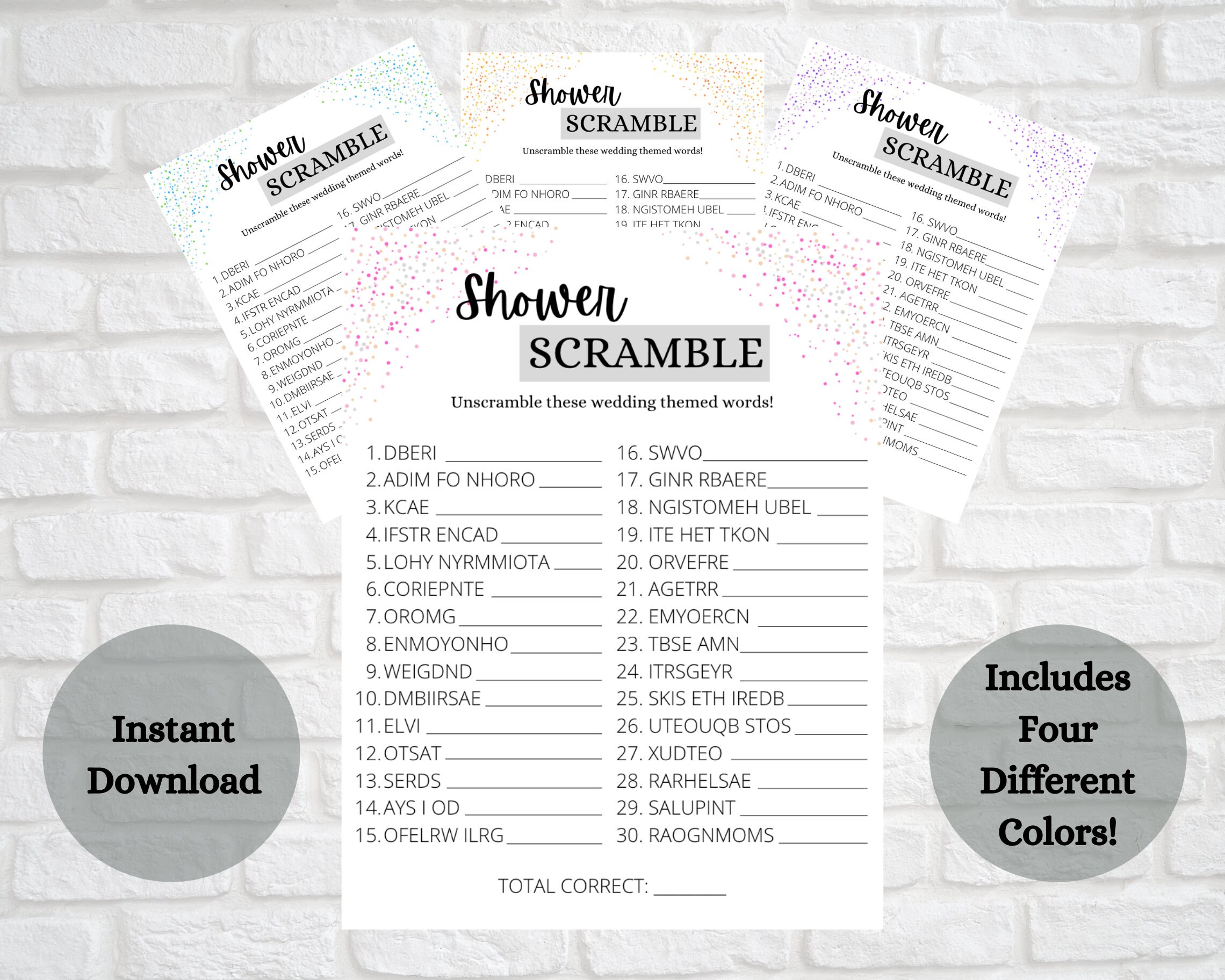 Word Unscramble Bridal Shower Game Confetti Themed Instant Download ...