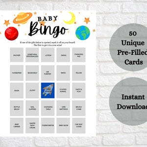 Bingo para chá de bebê: conjunto de 50 cartas pré-preenchidas, estrelas do espaço sideral, planetas, nave espacial, design da lua