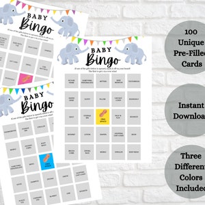 Baby Shower Bingo: Set von 100 vorgefüllten Karten, Elefant Zirkus Karneval Design, mehrere Farboptionen Rosa Blau Junge Mädchen Geschlecht Neutral