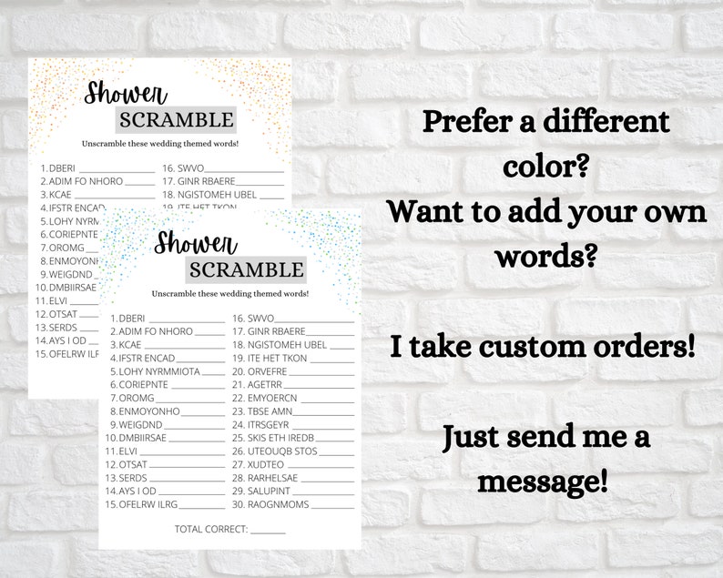 Word Unscramble Bridal Shower Game Confetti Themed Instant Download Print at Home Etsy