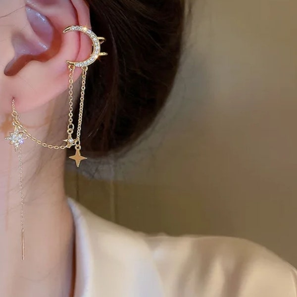 Gold Pave Moon Ear Cuff Earring With Long Chain Dainty Star Moon Trending Chain Earring