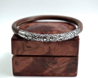 CHINESE DRAGON *** Vintage bamboo bangle bracelet with sterling silver repousée work, dragon, China, ethnic, tribal, Asia, layering, Boho
