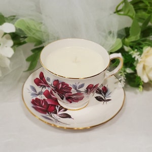 Queen Anne Bone China Teacup and Saucer - Dark red roses - Scented Candle