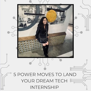 Puede incluir: Una mujer con un vestido negro y botas posa frente a una pared con un gran círculo amarillo pintado en ella. El texto "FAANG-TASTIC FUTURES: 5 POWER MOVES TO LAND YOUR DREAM TECH INTERNSHIP" se muestra debajo de la imagen.
