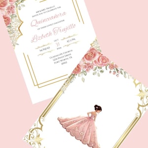 Quinceañera Baby Pink Floral Roses Invitation Template, Mis Quince 15 Años Birthday, Gold Roses Mis XV