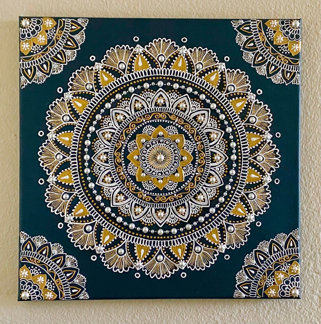 Handmade Mandala Painting, Green and Gold Acrylic Canvas Art - Etsy
