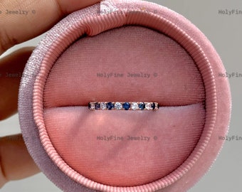 Natural Blue Sapphire Diamond Wedding Band Half Eternity Micro Pave Sapphire Wedding Band Thin Minimalist Band September Birthstone Ring