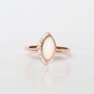 Natural Marquise cut Opal Ring Vintage opal engagement rose gold Art deco Marquise wedding Unique diamond delicate women Anniversary promise