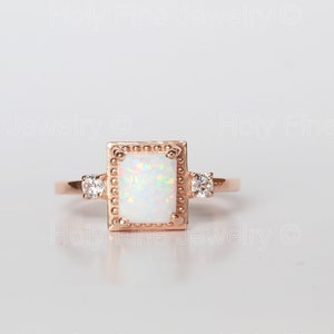 Natural three stone Unique Art deco Emerald Cut Opal and Moissanite Engagement Ring Gift For Women Promise Ring Octagon RingAnniversary Gift