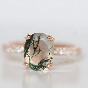 Natural Oval Moss Agate with moissanite engagement Ring Natural Moss Ring 14k White Gold Gift For Her Green Moss gemstone healing gemstone