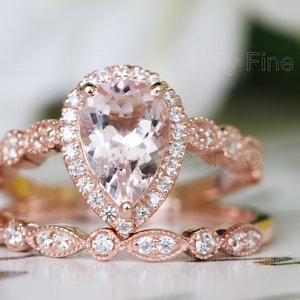 Natural Peach Pink Art Deco Pear cut Morganite halo Engagement Ring with band Unique rose gold wedding Anniversary Bridal Birthstone gift