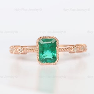 Natural Brilliant Emerald cut Emerald Art Deco Engagement Ring in 14k rose gold Minimalist Style Anniversary  May Birthstone Emerald Wedding
