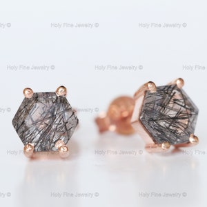 Natural Unique hexagon cut Black Rutile Quartz Studs-Dainty Vintage Gift For Christmas-Rutilated Quartz Earrings Tourmalinated Quartz