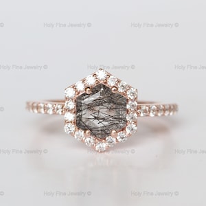 Natural Hexagon cut Black Rutilated quartz halo Wedding Engagement ring Geometric hexagon gemstone rutile quartz tourmalinated quartz gold