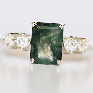 Natural emerald shaped moss agate engagement ring vintage moss agate round cut moissanite diamond 5 stone white gold Healing Gemstone Ring