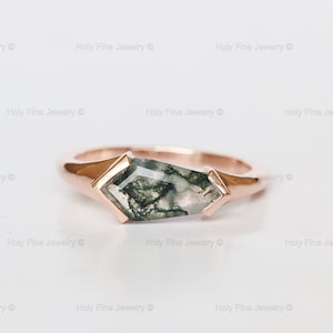 Natural Shield cut Moss Agate unique engagement  Ring, Live Stone Ring, Garden Agate Ring, Green Agate dainty ring in 14k rose gold gift