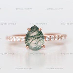 Natural Pear Shaped Forest Moss Agate gemstone ring Alternative engagement ring Unique gemstone Green agate wedding ring set in 14k gold