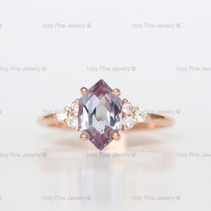 Natural Long hexagon cut Alexandrite moissanite ring rose gold unique engagement ring June Birthstone bridal wedding ring for women gift