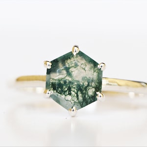 Natural Moss Agate Ring, 8mm Hexagon Faceted Moss Agate Ring, Moss Agate Engagement Ring Green Moss Agate Solitaire 14k Gold Sterling Silver