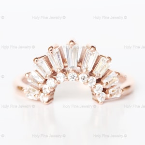 Natural Baguette Moissanite diamond wedding band Curved wedding Rosegold band Vintage Antique Matching stacking band Bridal Anniversary band