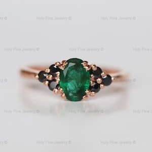 Natural Oval emerald and Black onyx Engagement Ring May Birthstone Promise women Bridal Green Gemstone Art deco Anniversary Birthday Promise