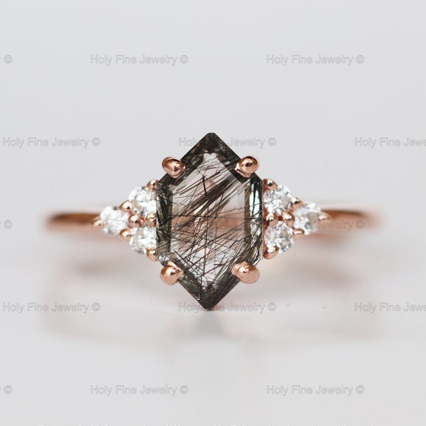 Natural Hexagon cut Black rutilated quartz and Moissanite Engagement ring Unique Black Rutile Tourmalinated Quartz black Quartz diamond ring