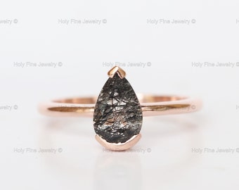 Natural Pear Shaped Black rutilated quartz ring Alternative engagement ring Unique gemstone Tourmalinated Quartz Black Rutile Solitairering