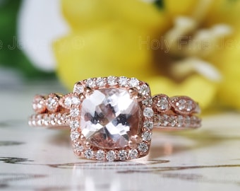 Natural Art Deco 2pcs cushion cut Morganite Engagement Ring set Rose Gold Morganite Wedding Set Art Deco Stacking Matching Band Bridal Set