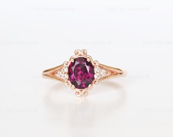 Bague de fiançailles grenat rhodolite naturel, bague grenat taille ovale vintage, bague de promesse pour femme, pierre de naissance de janvier, cadeau d'anniversaire pour elle