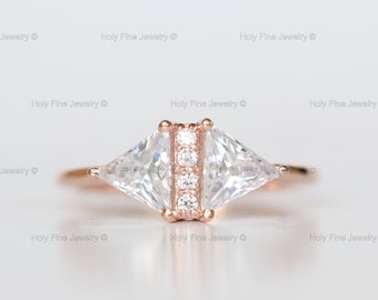 Natural Two Triangle Moissanite Diamond Ring Classic Engagement Wedding Anniversary Unique Ring For Women Gif Trillion diamond in 14k gold