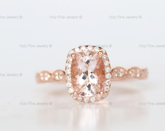 Anello in morganite rosa naturale da 2 carati Anello di fidanzamento vintage in morganite Taglio a cuscino Anello in oro rosa 14k con diamanti per matrimonio Anello in morganite naturale Regali