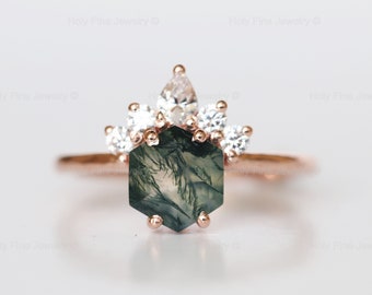 Natural Hexagon Moss agate with moissanite Queencrown engagement ring Wedding Rose Gold Wedding Bridal Anniversary Promise Unique designring