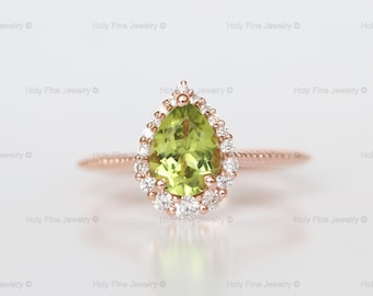 Natural peridot pear cut halo ring solid 14k gold peridot pear ring art deco ring rose gold peridot ring august birthstone birthstone ring