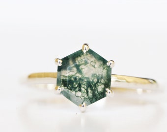 Natural Moss Agate Ring, 8mm Hexagon Faceted Moss Agate Ring, Moss Agate Engagement Ring Green Moss Agate Solitaire 14k Gold Sterling Silver