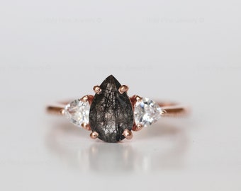 Unique Black Rutilated Quartz Engagement Ring/silver Pear - Etsy