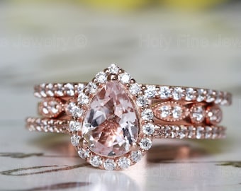Natural Pear shaped Morganite 3 pcs engagement ring set rose gold halo vintage unique moissanite stacking ring Wedding band diamond art deco