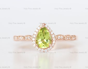 Natural peridot pear cut solitaire engagement ring in 14k rose gold art deco ring 925 sterling silver peridot ring august  birthstone ring
