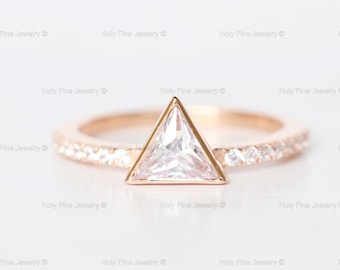Natural Moissanite Diamond Rose Gold Diamond Engagement Ring Triangle Diamond Ring Pave Diamond Band Bezel Diamond Ring Trillion diamond