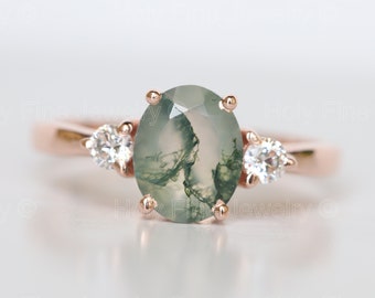 Natural Oval Moss Agate with moissanite engagement Ring Natural Moss Ring 14k White Gold Gift For Her Green Moss gemstone three stone ring