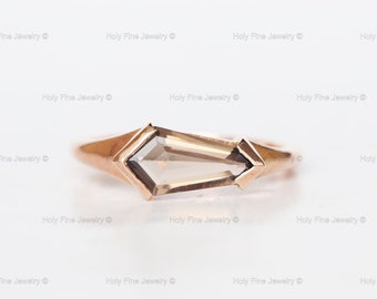 Natural Shield hexagon Smoky Quartz Wedding Engagement ring Unique Shield Alternative Bride Geometric Genuine Smokey Quartz June Birthstone