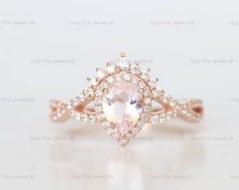 Natural Peach Pink Vintage Pear cut Morganite Engagement Rose gold twisted band moissanite Diamond ring pear shape birthstone wedding ring