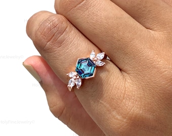 14k Rose Gold Alexandrite Engagement Ring, Vintage Hexagon Alexandrite Ring, Cluster Diamond Promise Ring, June Birthstone, Anniversary Gift