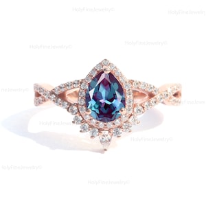 Vintage Alexandrite Engagement Ring, 14k Rose Gold Teardrop Alexandrite Ring, Promise Ring, June Birthstone, Twisted Band, Anniversary Gifts